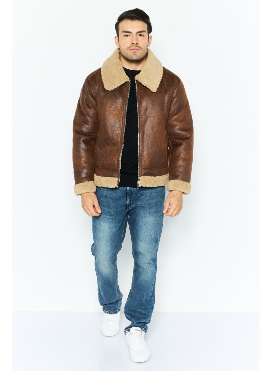 Men Solid Motorcycle Jacket, Brown