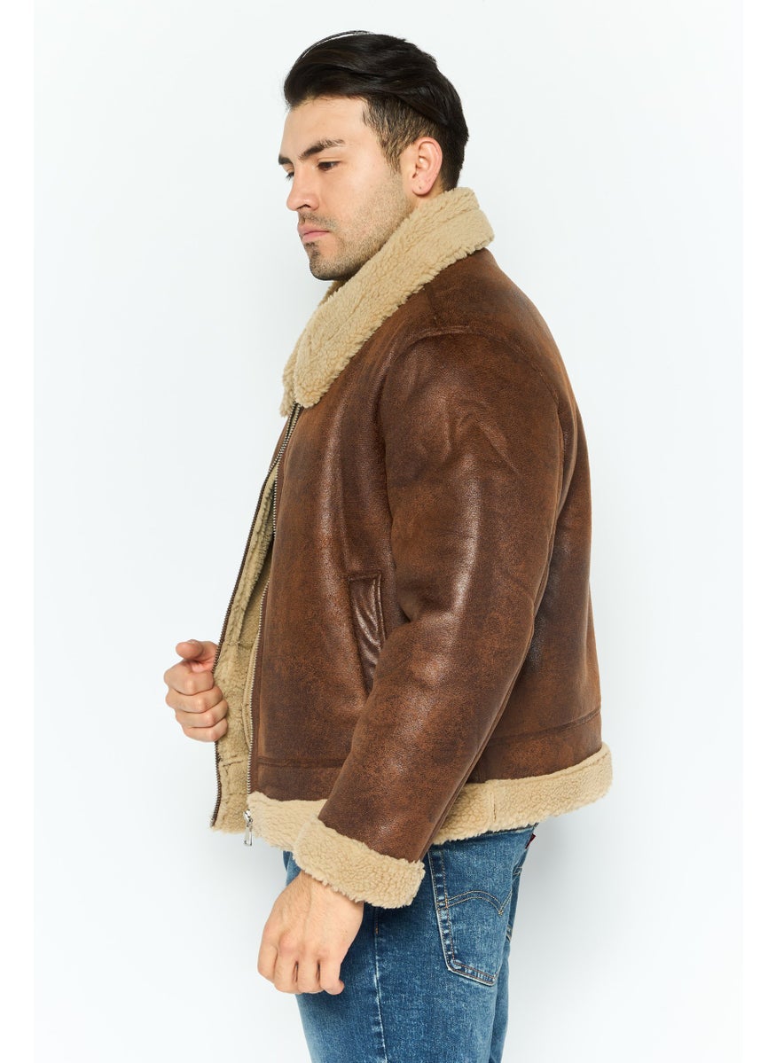 Men Solid Motorcycle Jacket, Brown
