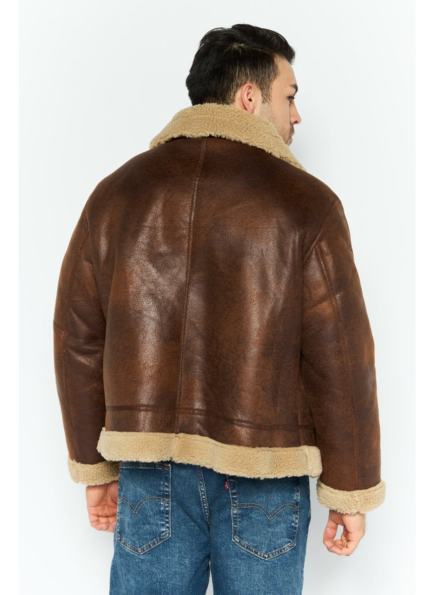 Men Solid Motorcycle Jacket, Brown