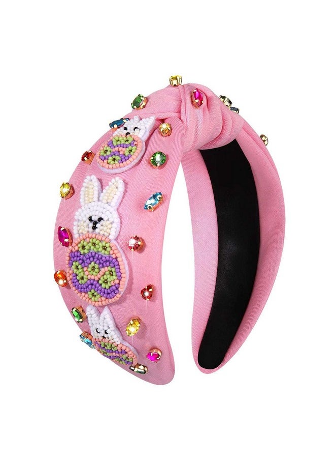 Boderier boderier Easter Headband for Women Girls Beaded Easter Bunny Headband Crystal Jeweled Embellished Wide Knotted Spring Holiday Accessories (Beaded Bunny-Pink)  - Image 1