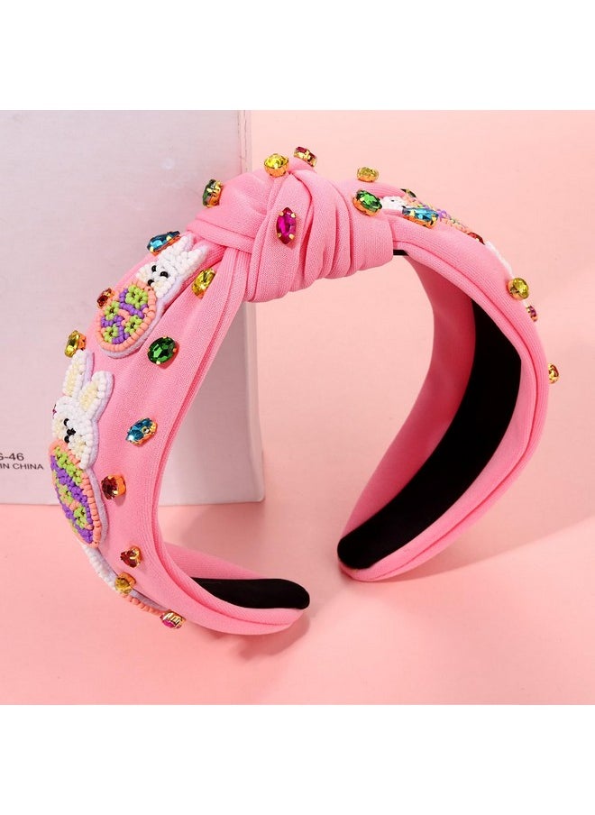 Boderier boderier Easter Headband for Women Girls Beaded Easter Bunny Headband Crystal Jeweled Embellished Wide Knotted Spring Holiday Accessories (Beaded Bunny-Pink)  - Image 2