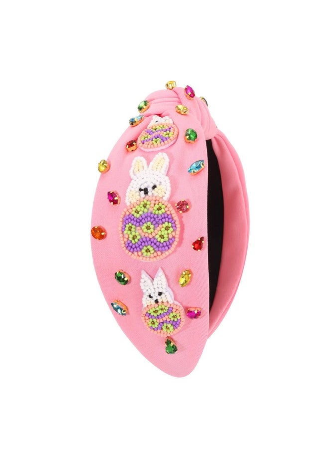Boderier boderier Easter Headband for Women Girls Beaded Easter Bunny Headband Crystal Jeweled Embellished Wide Knotted Spring Holiday Accessories (Beaded Bunny-Pink)  - Image 5