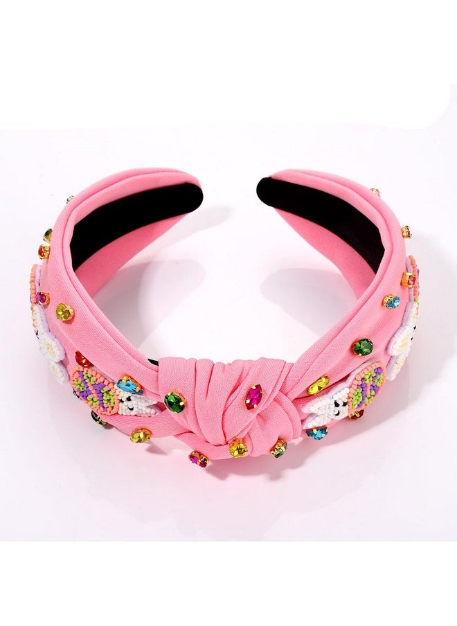 Boderier boderier Easter Headband for Women Girls Beaded Easter Bunny Headband Crystal Jeweled Embellished Wide Knotted Spring Holiday Accessories (Beaded Bunny-Pink)  - Image 4