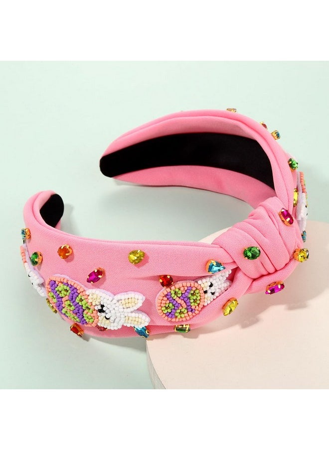 Boderier boderier Easter Headband for Women Girls Beaded Easter Bunny Headband Crystal Jeweled Embellished Wide Knotted Spring Holiday Accessories (Beaded Bunny-Pink)  - Image 3