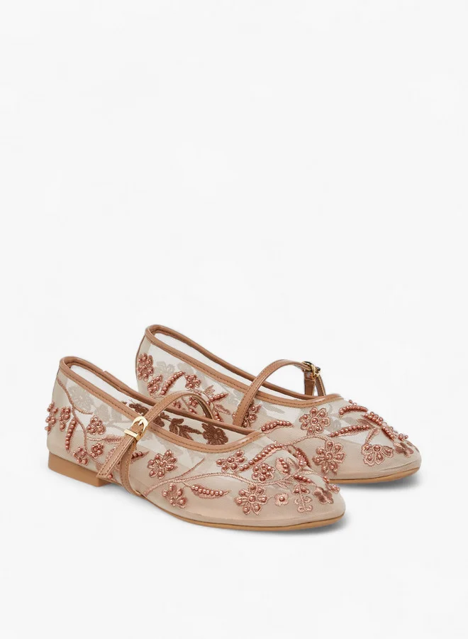 سيليست Women's Embroidered Mesh Ballerina Shoes with Buckle Closure