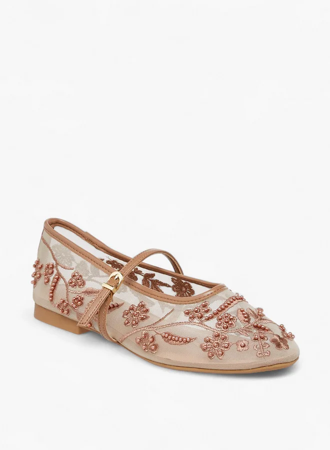 سيليست Women's Embroidered Mesh Ballerina Shoes with Buckle Closure