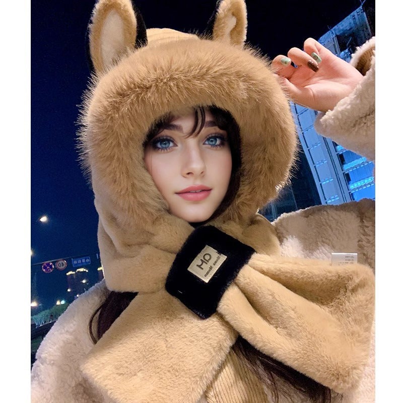 Cute Cat Ear Knit Beanie Women Autumn Winter Fashion Warm 1256 camel two-piece set [black ears]]