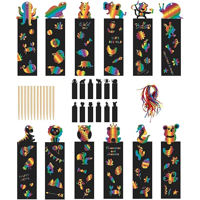 غنافوتو 24 مجموعة 12 نمط فن الخدش للأطفال ماجيك خدش قوس قزح الإشارات المرجعية صنع كيت DIY Party هدايا للأطفال مع أدوات الخدش الحبال الملونة لمستلزمات الحرف اليدوية DIY