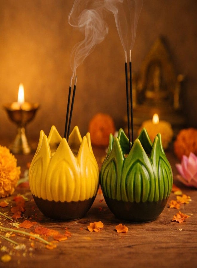 MAYAPURI Ceramic Lotus Incense Holder Pack of 2 | Decorative Agarbatti Stand & Dhoop Dani for Pooja | Handmade Incense Stick & Cone Holder for Home Temple, Meditation & Yoga (Multi-Color) - Image 2