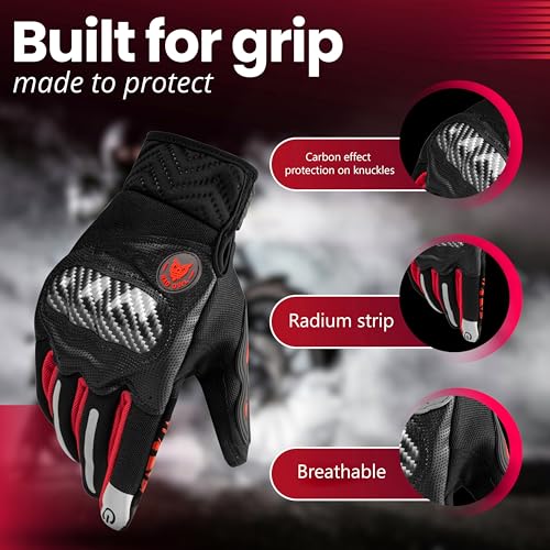 BADOWL Carbon Fiber PVC Knuckle Protection Riding Gloves | Touchscreen Sports Gloves with Anti-Slip Grip | Breathable, All-Weather, (RED, M) - Image 2
