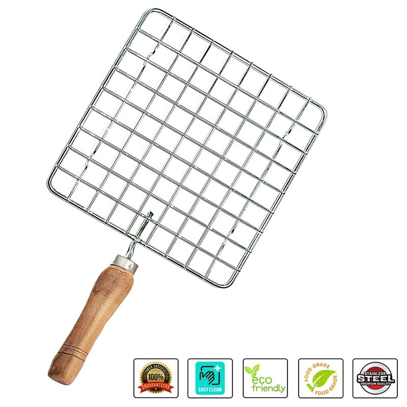 ANIAN شبكة باباد مربعة من الفولاذ المقاوم للصدأ ANIAN، مشواة جبنة، صانع روتي، مشواة باربكيو، مشواة شباتي مع مقبض خشبي (فضي) - Image 2
