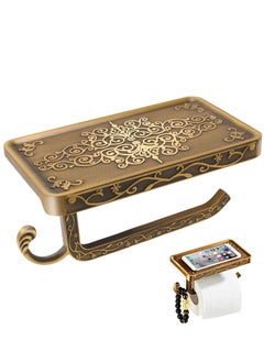 Toilet Paper Holder with Phone Shelf, Anti-Rust Aluminum Toilet Paper Roll Holder, Antique Carving Wall-Mounted Toilet Tissue Holder with Storage Shelf for Bathroom Washroom Hotel