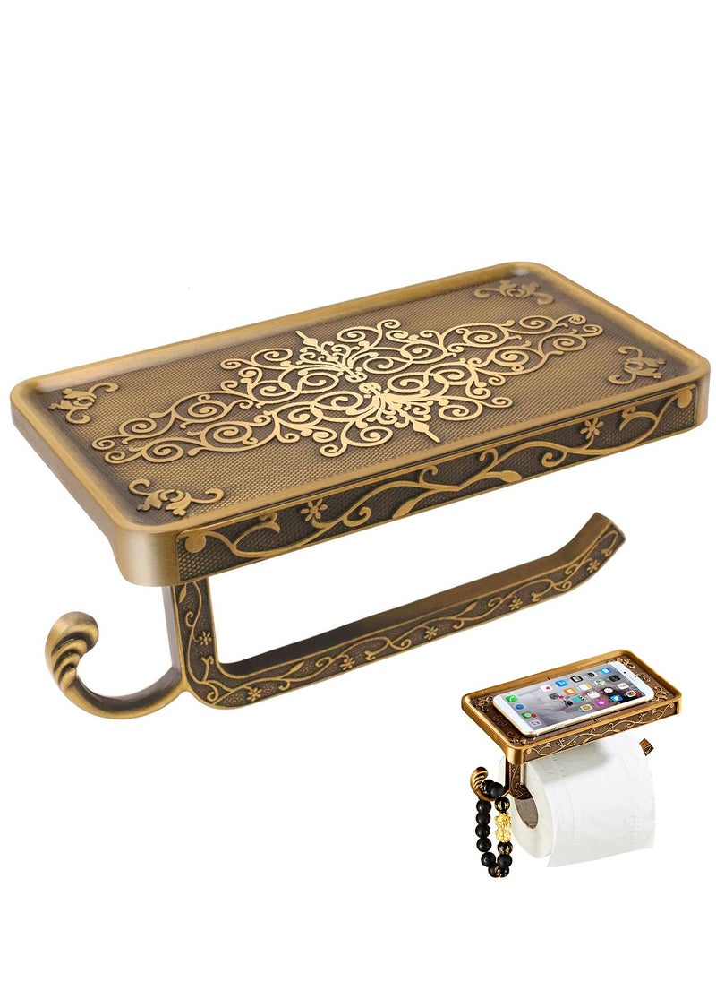 SYOSI - Toilet Paper Holder with Phone Shelf, Anti-Rust Aluminum Toilet Paper Roll Holder, Antique Carving Wall-Mounted Toilet Tissue Holder with Storage Shelf for Bathroom Washroom Hotel - Image 1