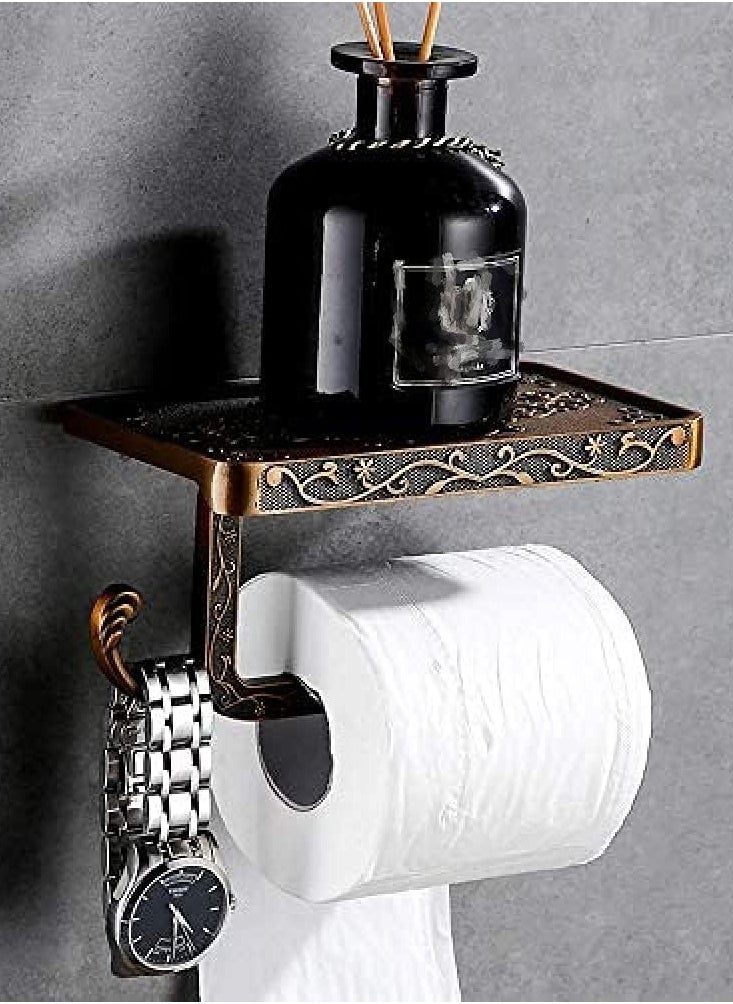 SYOSI - Toilet Paper Holder with Phone Shelf, Anti-Rust Aluminum Toilet Paper Roll Holder, Antique Carving Wall-Mounted Toilet Tissue Holder with Storage Shelf for Bathroom Washroom Hotel - Image 1
