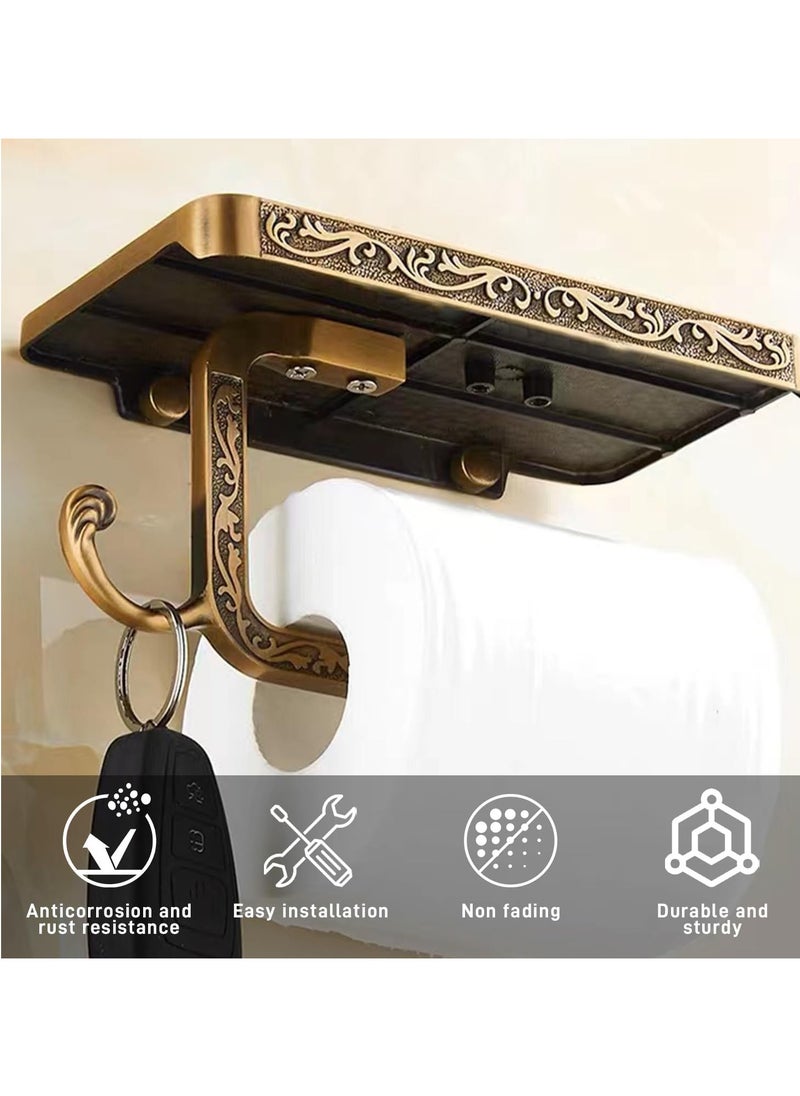 SYOSI - Toilet Paper Holder with Phone Shelf, Anti-Rust Aluminum Toilet Paper Roll Holder, Antique Carving Wall-Mounted Toilet Tissue Holder with Storage Shelf for Bathroom Washroom Hotel - Image 1