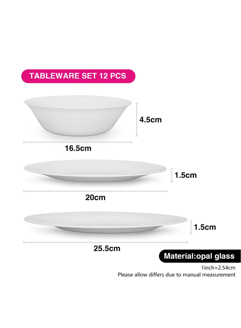 Fissman  12 Piece Dinnerware - Piece Plate 20cm, Plate 25.5cm, Bowl 16.5cm Opal Glass Dinner Set Felizia Series  | Best Price UAE