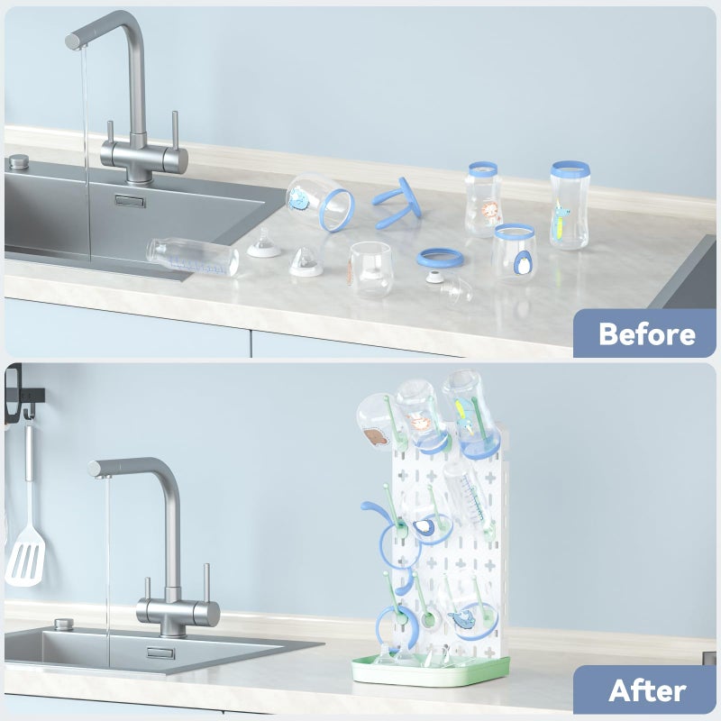 CLESOO Baby Bottle Drying Rack Baby Bottle Holder Space Saving Bottle Dryer Rack Station Countertop Storage Organizer 12 Travel Bottle Drying Rack Vertical Breast Pump Part Plastic Bag Cup Dryer Tower Green - Image 3