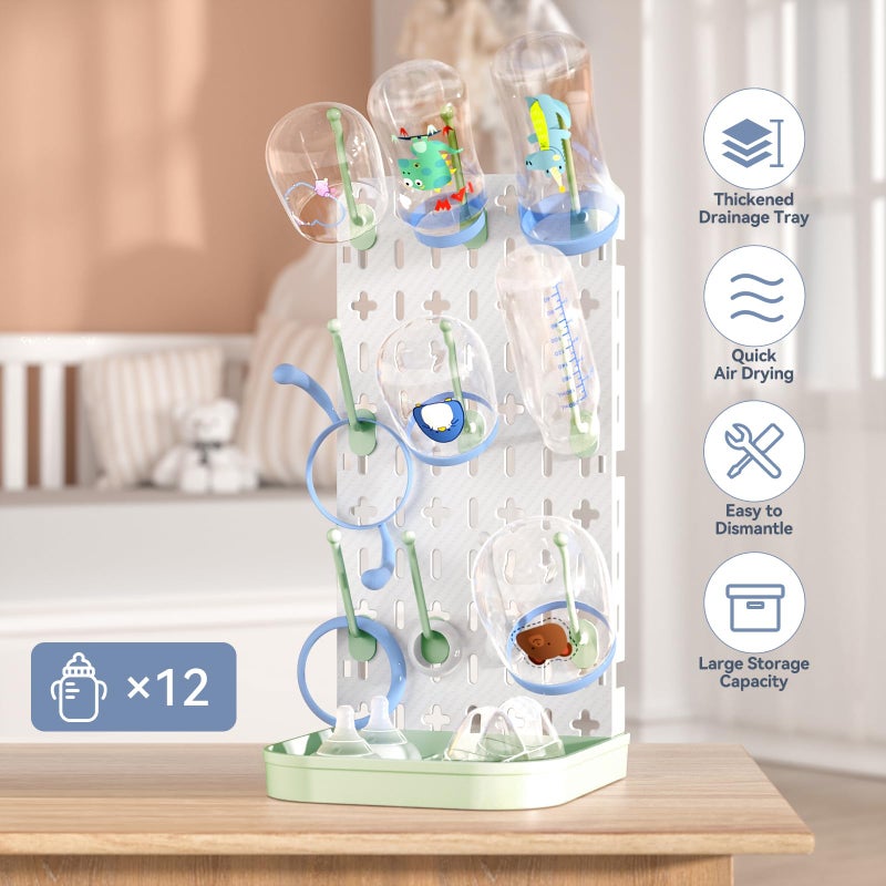 CLESOO Baby Bottle Drying Rack Baby Bottle Holder Space Saving Bottle Dryer Rack Station Countertop Storage Organizer 12 Travel Bottle Drying Rack Vertical Breast Pump Part Plastic Bag Cup Dryer Tower Green - Image 2