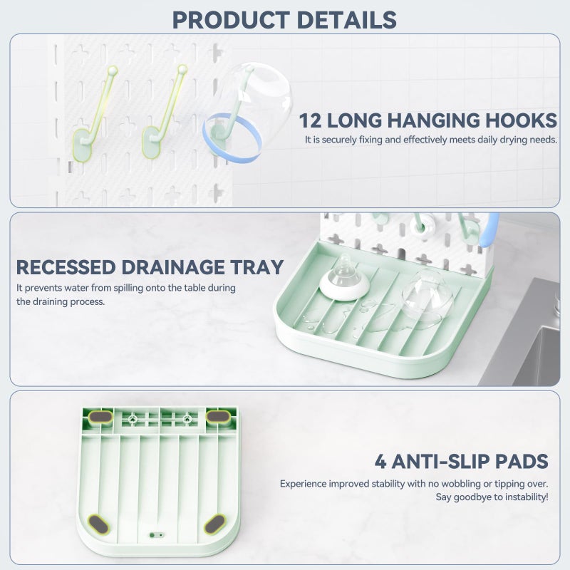 CLESOO Baby Bottle Drying Rack Baby Bottle Holder Space Saving Bottle Dryer Rack Station Countertop Storage Organizer 12 Travel Bottle Drying Rack Vertical Breast Pump Part Plastic Bag Cup Dryer Tower Green - Image 5