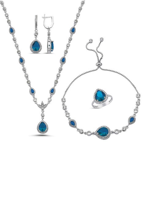 925 Silver-Drop Aqua Marine CZ Bridal Set-Light Blue-Rhodium Plated-High-Quality Jewelry in UAE Dubai 100% Precious Metal Gift for Women-EMNON128SE-S85500
