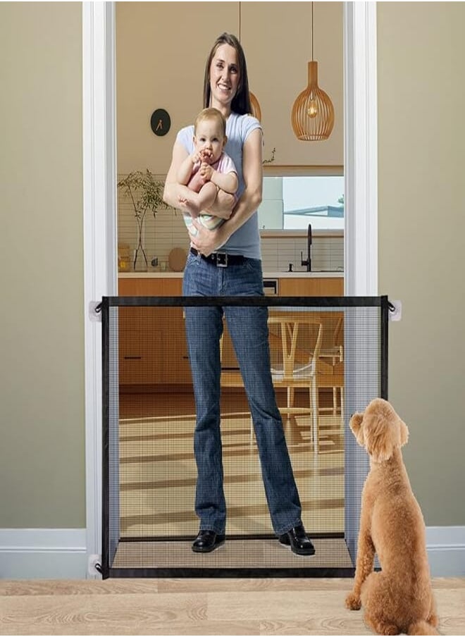 Queenii Baby Gate Pet Gate Magic Gate for Dogs, Queenii Safety Guard Gate Retractable Mesh Dog Gate, Portable Folding Child's Safety Gates Install Anywhere, Safety Fence for Hall Doorway Wide 40.14"-Black 