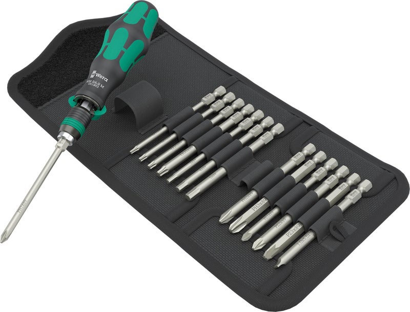 Wera Screwdriver, Kraftform Kompakt 838 RA-R M Set 1, 15 Pieces, Hex, Phillips, Torx, Pozidriv, Ratchet Mechanism, Quick-Release Chuck - Image 1