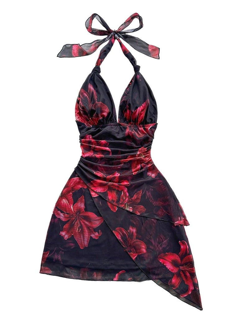 BEAUDRM Women's Summer Mini Dress Backless Vacation Beach Sundresses Boho Going Out Dress Date Night Brunch Outfit Black and Red Medium - Image 1