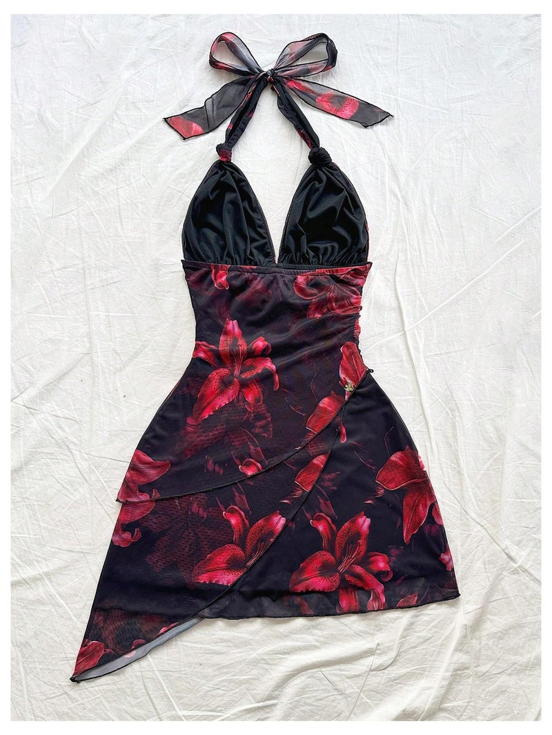 BEAUDRM Women's Summer Mini Dress Backless Vacation Beach Sundresses Boho Going Out Dress Date Night Brunch Outfit Black and Red Medium - Image 2
