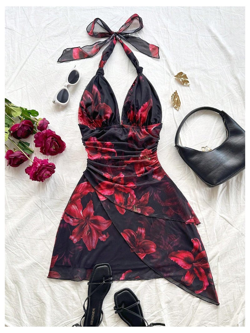 BEAUDRM Women's Summer Mini Dress Backless Vacation Beach Sundresses Boho Going Out Dress Date Night Brunch Outfit Black and Red Medium - Image 5