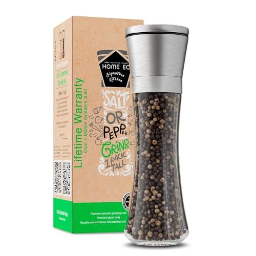 HOME EC Original Stainless Steel Salt or Pepper Grinder 1pk  Adjustable Ceramic Sea Salt Grinder or Pepper Mill  Tall Glass Spice Shaker  Spice Mill wEBook