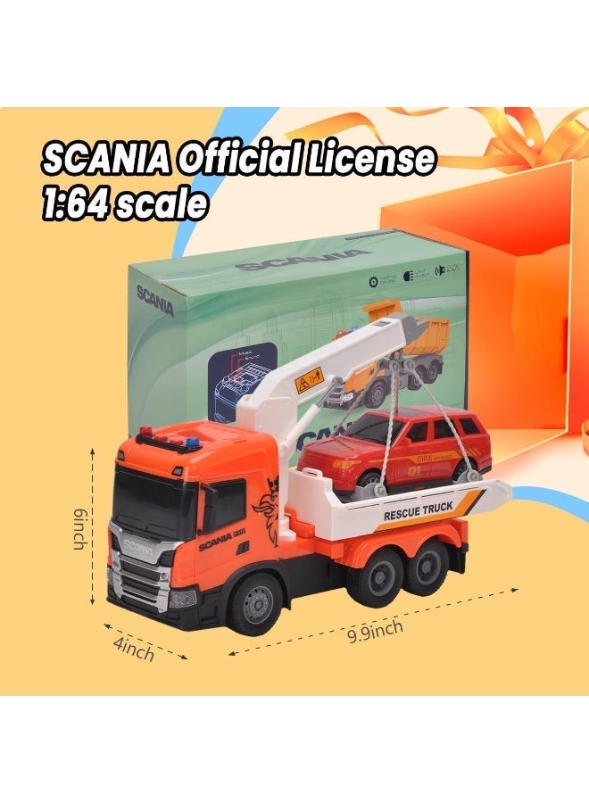 The Toys Home Licensed Scania Official Licensed Rescue Tow Truck Toy 1:64 Scale – Friction Powered Push & Go Recovery Truck with 360° Rotatable Crane, Retractable Lifting Platform | 10 Inch Kids Truck Toy Age 3+ - Image 2