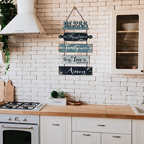 Buecasa Bless the Food Before Us Farmhouse Kitchen Wall Decor - Dining Room Decorations Collage Wall Art in Teal Blue Color - Wooden Rustic 5pcs Roped Wall Sign 13x24 Inches Vertical - Image 4