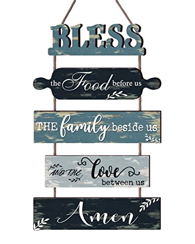 Buecasa Bless the Food Before Us Farmhouse Kitchen Wall Decor - Dining Room Decorations Collage Wall Art in Teal Blue Color - Wooden Rustic 5pcs Roped Wall Sign 13x24 Inches Vertical - Image 1