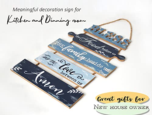 Buecasa Bless the Food Before Us Farmhouse Kitchen Wall Decor - Dining Room Decorations Collage Wall Art in Teal Blue Color - Wooden Rustic 5pcs Roped Wall Sign 13x24 Inches Vertical - Image 5