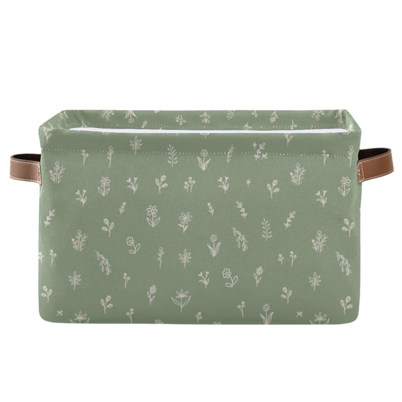 Wamika Sage Green Leaves Storage Basket with Waterproof Liner and PU Handles Floral Doodle Pattern Storage Bins Boxes 142 Collapsible Decorative Organizer Baskets for Bedroom Closet Office 1 Pack - Image 2