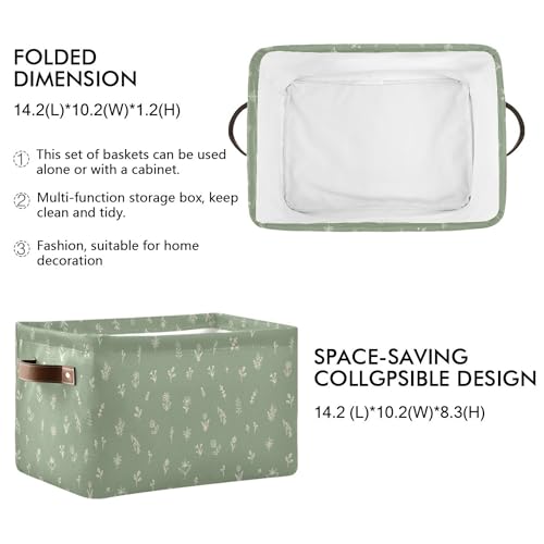 Wamika Sage Green Leaves Storage Basket with Waterproof Liner and PU Handles Floral Doodle Pattern Storage Bins Boxes 142 Collapsible Decorative Organizer Baskets for Bedroom Closet Office 1 Pack - Image 3