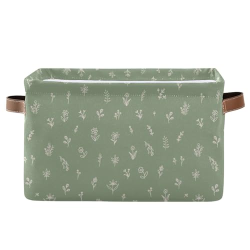 Wamika Sage Green Leaves Storage Basket with Waterproof Liner and PU Handles Floral Doodle Pattern Storage Bins Boxes 142 Collapsible Decorative Organizer Baskets for Bedroom Closet Office 1 Pack - Image 1