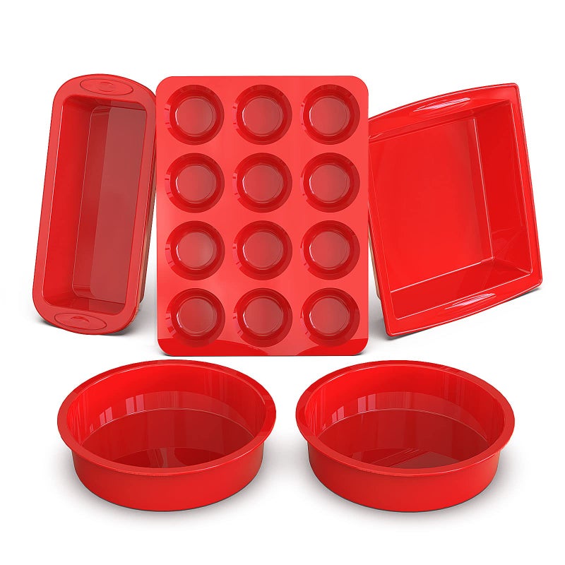 SILIVO 5-Piece Silicone Baking Pans Sets - Nonstick Silicone Bakeware Set with Bread Loaf Pan, Muffin Pan, Square/Round Cake Pan - Oven & Dishwasher Safe - Image 1
