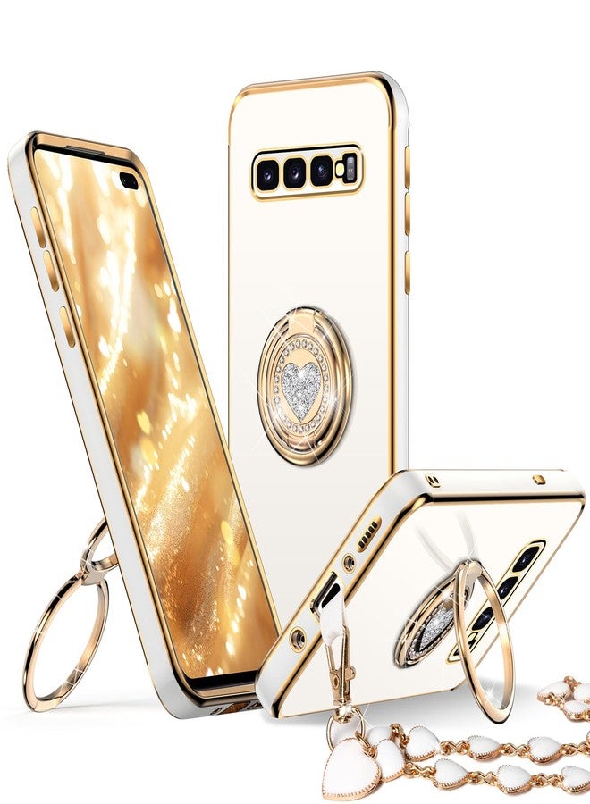 XYZ جراب XYZ لهاتف Galaxy S10 Plus مع حامل، جراب لهاتف Samsung Galaxy S10 Plus بحلقة مزدوجة، جراب حماية فاخر مزين بقلب أنيق للنساء والفتيات لهاتف Samsung S10 Plus، أبيض - Image 1