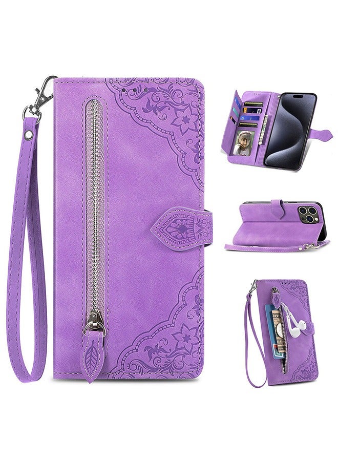 iPhone 15 Pro Max Leather Case Wallet Flip Cover Card Slots Magnetic Stand Phone Holder Function Fold Shockproof Protective Full Protection Comfortable Hold Accessory for iphone 15 Pro Max Purple  - Image 1