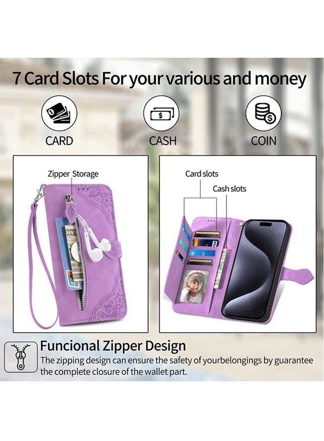 iPhone 15 Pro Max Leather Case Wallet Flip Cover Card Slots Magnetic Stand Phone Holder Function Fold Shockproof Protective Full Protection Comfortable Hold Accessory for iphone 15 Pro Max Purple  - Image 3