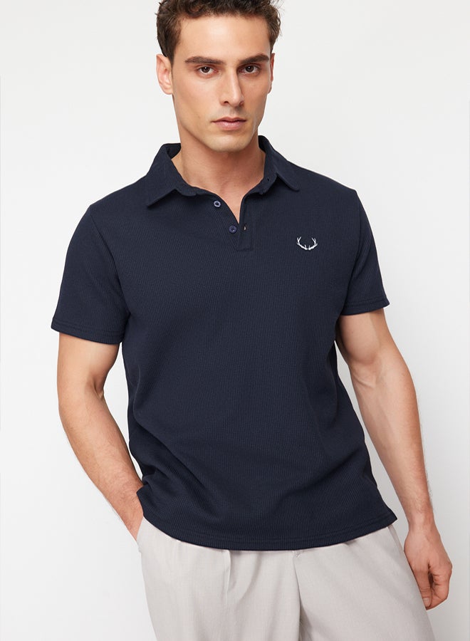 Trendyol Man Navy Blue Regular Cut Embroidered Textured Polo Neck T-Shirt - Image 3
