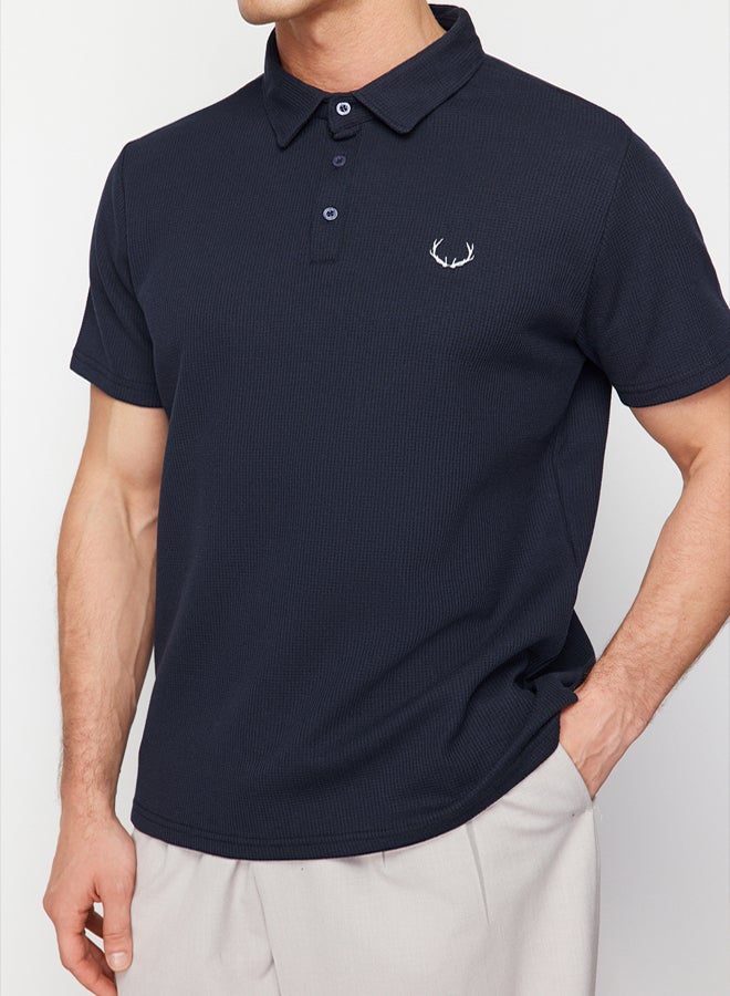 Trendyol Man Navy Blue Regular Cut Embroidered Textured Polo Neck T-Shirt - Image 4