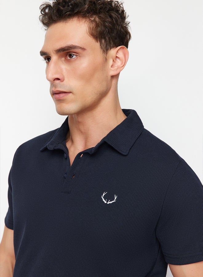 Trendyol Man Navy Blue Regular Cut Embroidered Textured Polo Neck T-Shirt - Image 2