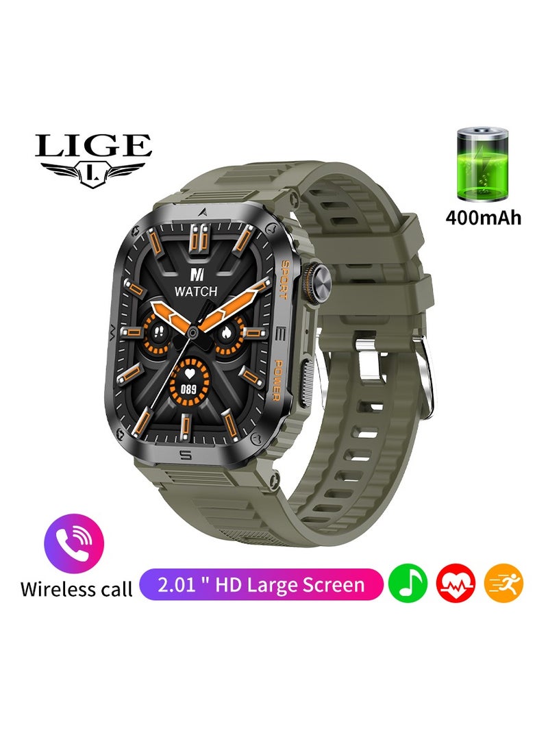 LIGE 2025 Newest Men's 400mAh Big Battery 2.01'' Large Full Touch Screen Sports Smart Watches IP68 Waterproof Support Arabic Silicone Green - Image 1