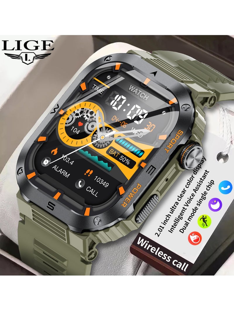 LIGE 2025 Newest Men's 400mAh Big Battery 2.01'' Large Full Touch Screen Sports Smart Watches IP68 Waterproof Support Arabic Silicone Green - Image 4