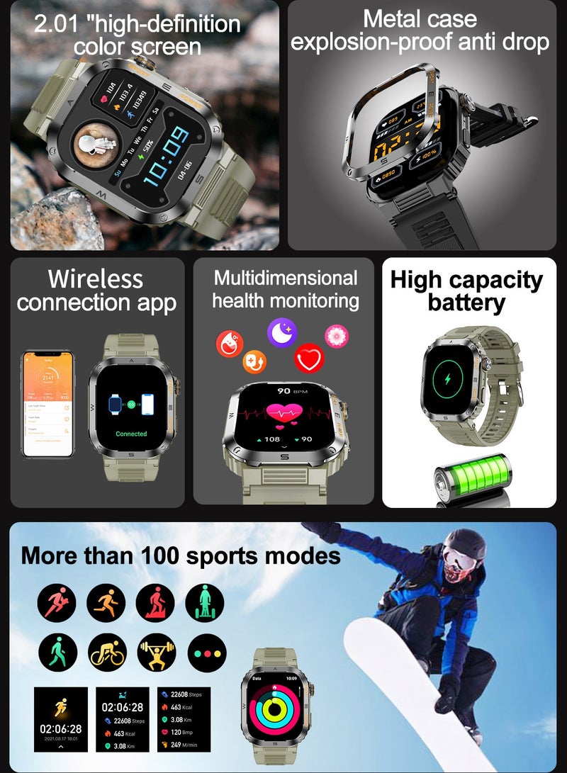LIGE 2025 Newest Men's 400mAh Big Battery 2.01'' Large Full Touch Screen Sports Smart Watches IP68 Waterproof Support Arabic Silicone Green - Image 5