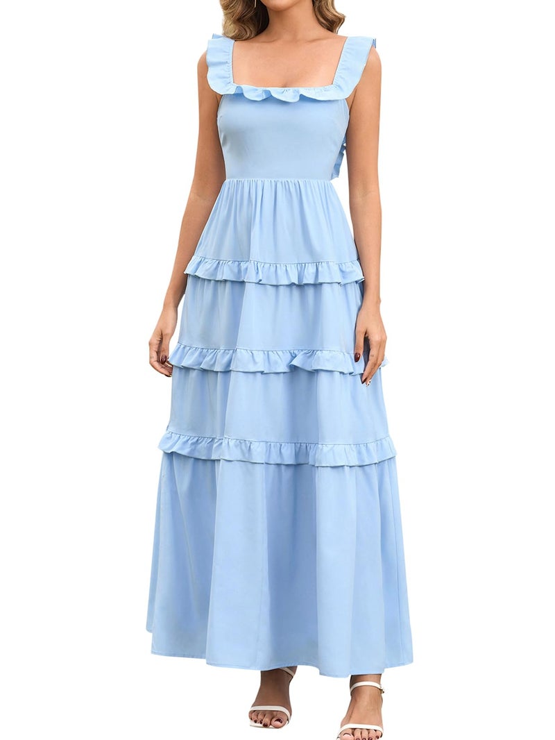 EYNMIN Women's Summer Floral Boho Maxi Dress Tiered Ruffle Smocked Long Flowy Beach Wedding Guest Dresses Casual Sundress Blue - Image 1
