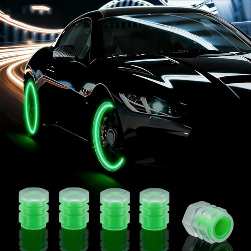 MUMUMAB 20 Pcs Glow in The Dark Tire Valve Caps Fluorescent Tire Valve Stem Caps, Cool Car Present for Universal Decoration Accessories for Car SUV Bicycle Motorcycles Trucks (Green) - Image 1