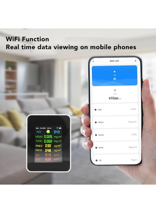 جهاز قياس جودة الهواء الداخلي 9 في 1، جهاز اختبار واي فاي 2000mAh مع شاشة LCD ملونة، لـ PM2.5، PM10، HCHO، الملوثات العضوية، ثاني اكسيد الكربون، ثاني اكسيد الكربون - Image 2